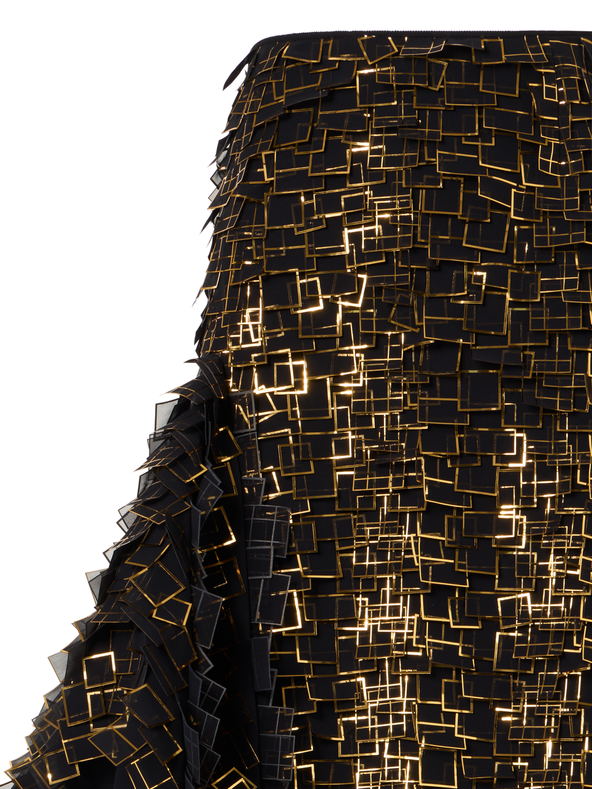 Designer Asymmetrical Maxi Skirt in Golden Frame Organza Tiles - gold - multicolor - black