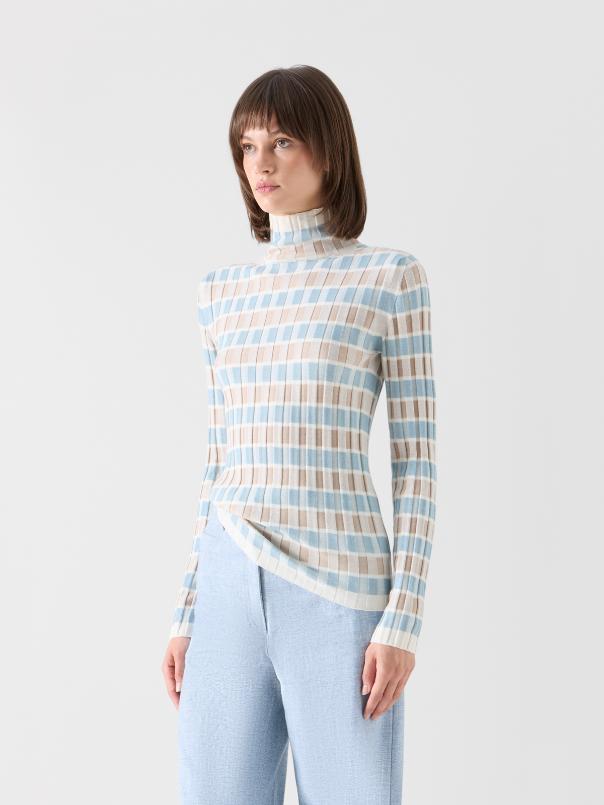 Designer Merino Wool Ribbed Sweater with Check Intarsia - multicolor 