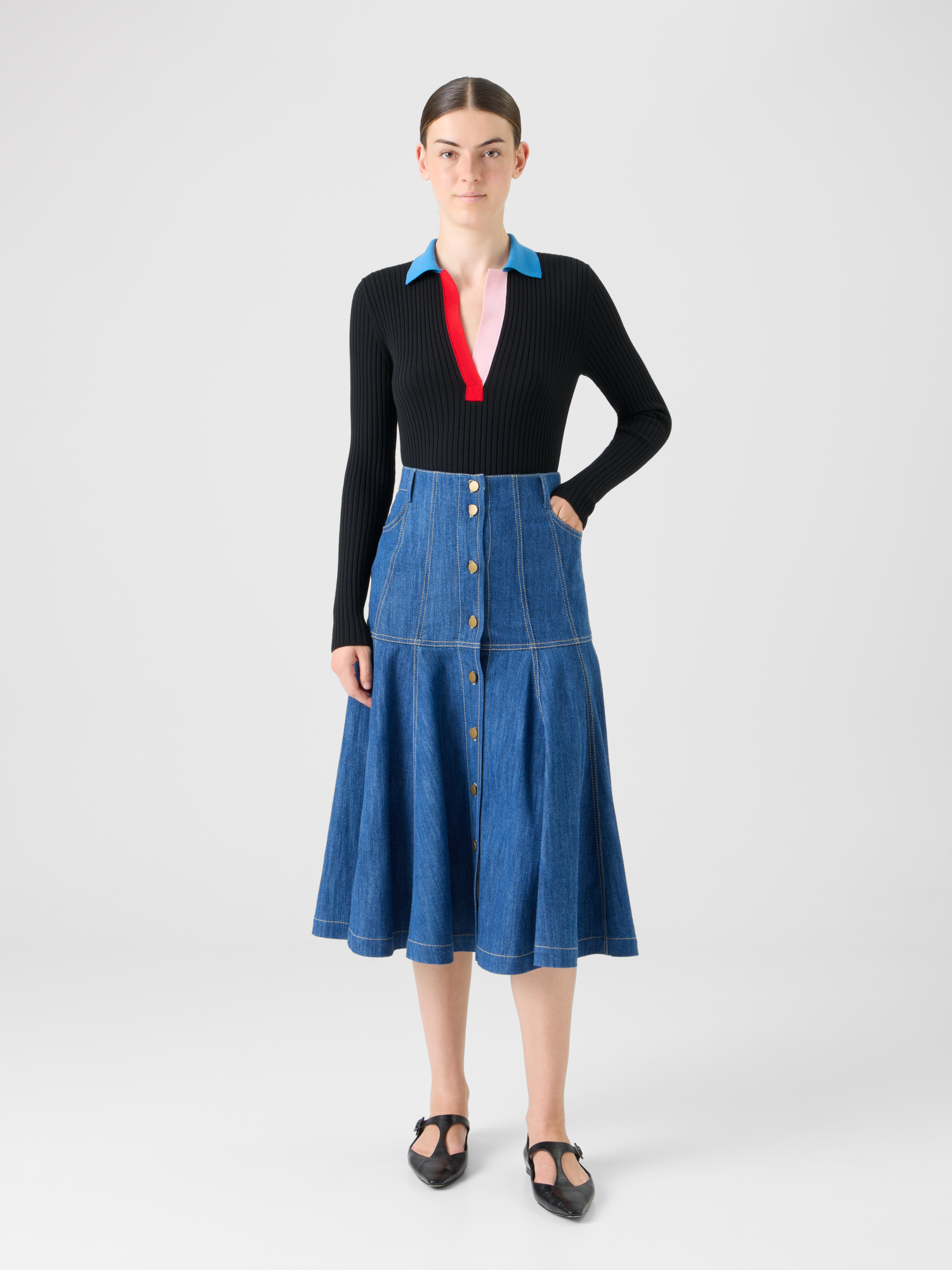 Designer Cotton Denim Midi Skirt with Flared Hem - blue 