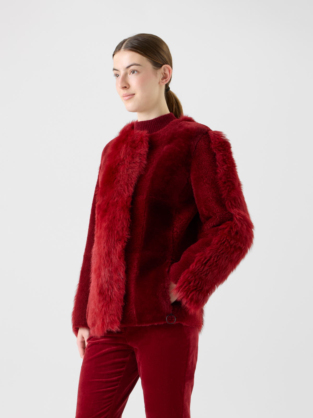Designer Boxy Patchwork Shearling Short Coat - red #editorial