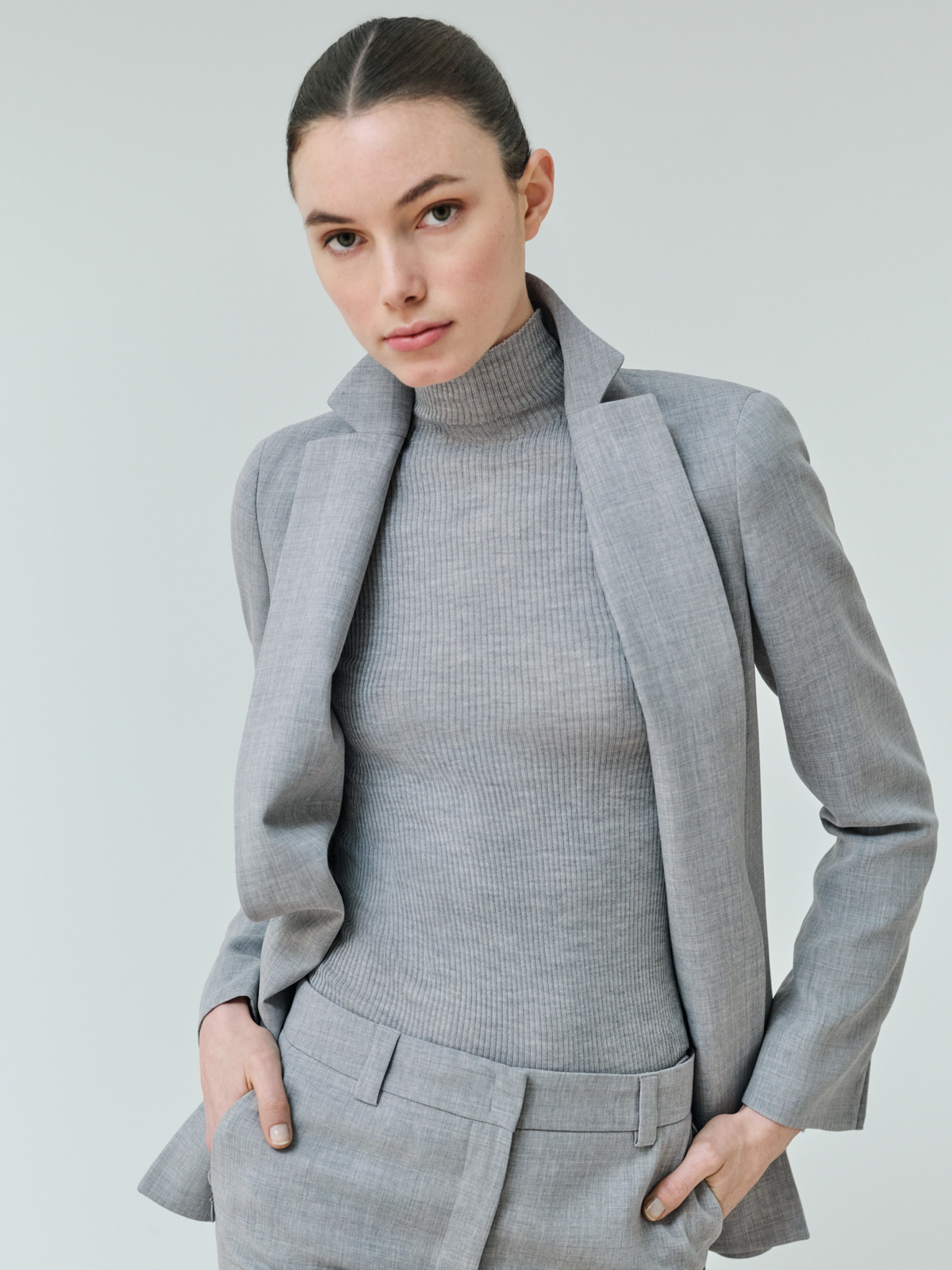 Designer Wool Double-Face Blazer with Elongated Lapel - grey #editorial