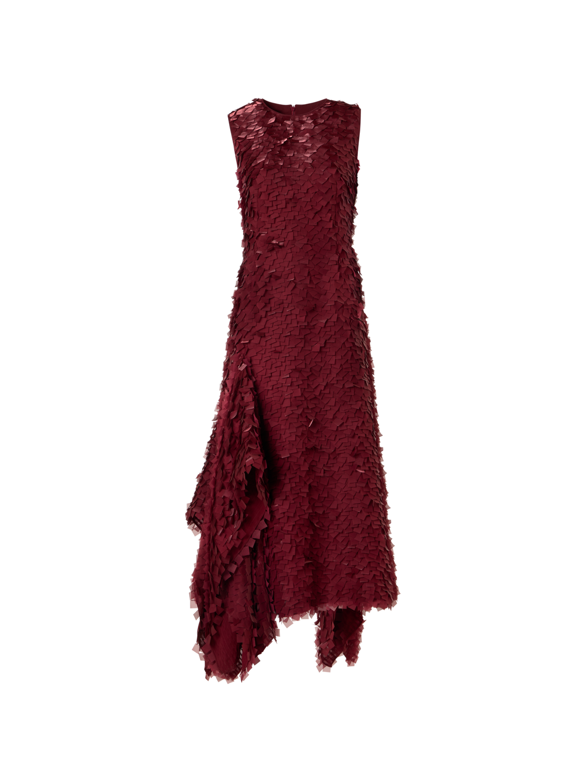 Designer Asymmetrical Midi Dress in Layered Organza Tiles - red
