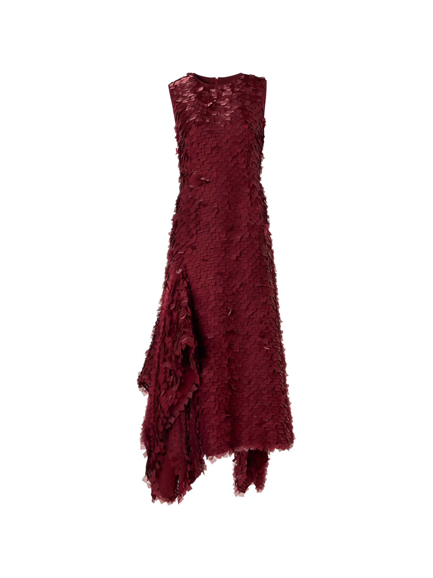 Designer Asymmetrical Midi Dress in Layered Organza Tiles - red
