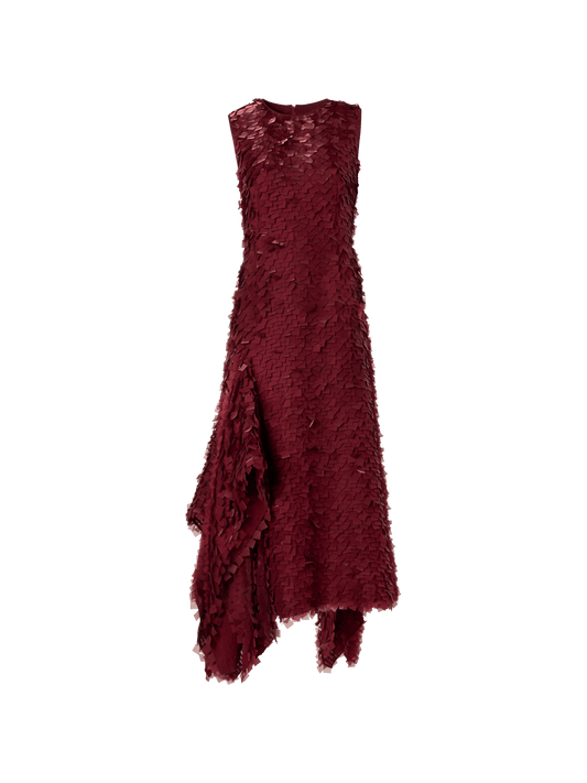Designer Asymmetrical Midi Dress in Layered Organza Tiles - red