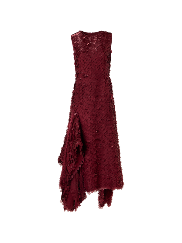 Designer Asymmetrical Midi Dress in Layered Organza Tiles - red