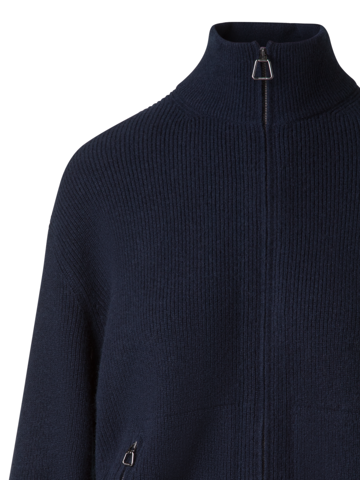 Designer Ribbed Zip Cardigan in Cashmere Knit - navy - blue