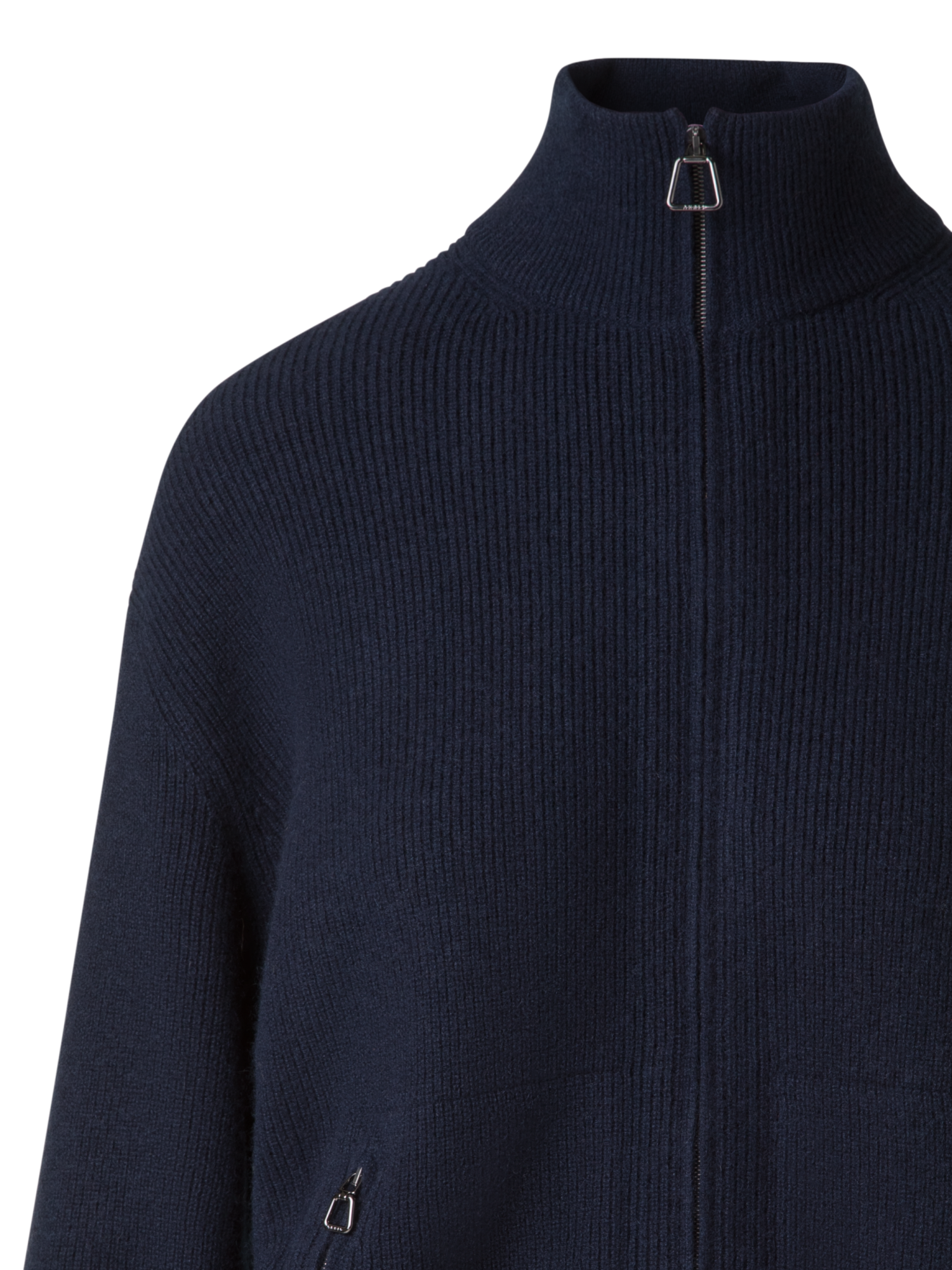 Designer Ribbed Zip Cardigan in Cashmere Knit - navy - blue