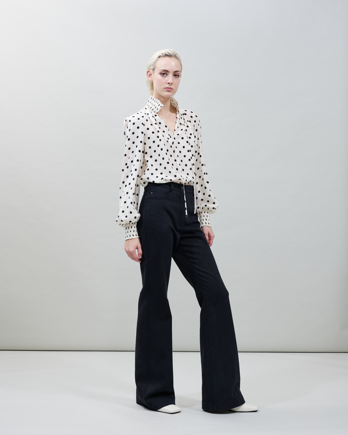 Designer Silk Boho Blouse with Polka Dots - neutral - multicolor - ecru - white #editorial