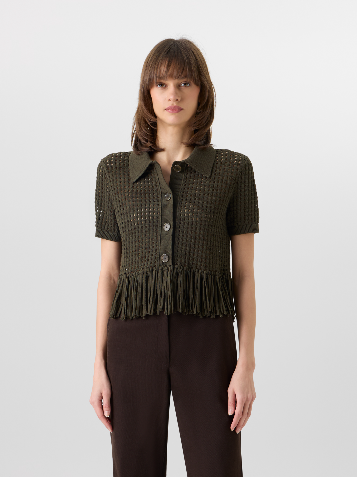 Designer Short-Sleeve Chunky Cotton Mesh Knit Cardigan - green 