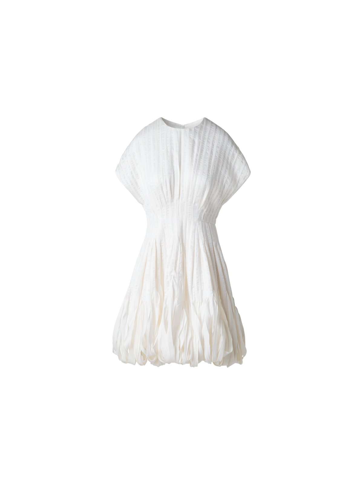Designer Short Flared Silk Dress with Ribbon Loops Skirt - ecru - white