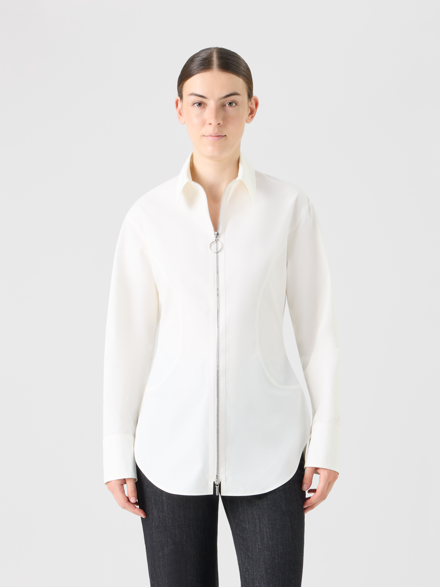 Designer Cinched Cotton Poplin Zip Blouse - ecru 