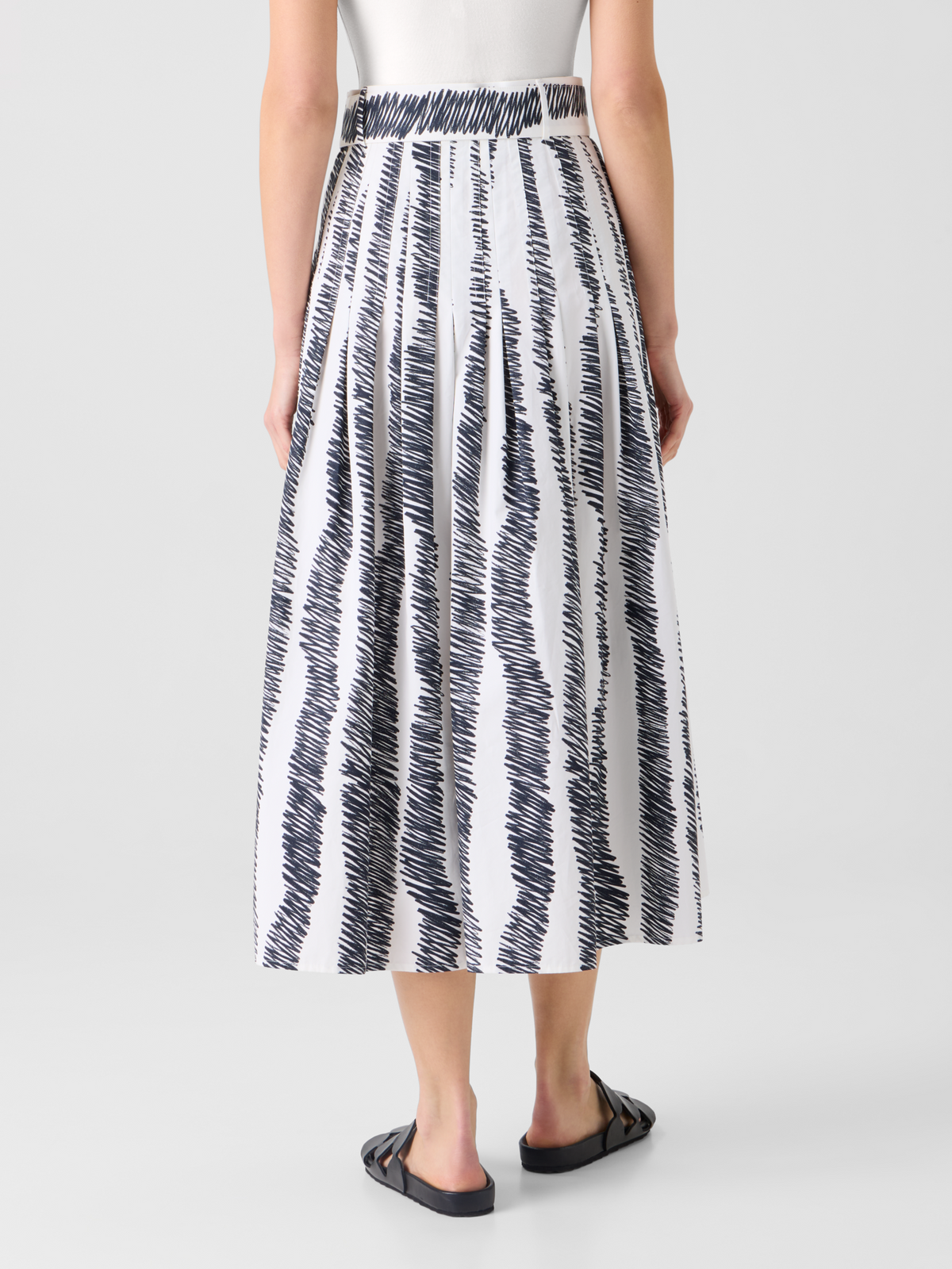 Designer A-Line Scribble Wave Print Pleated Midi Skirt - multicolor - ecru