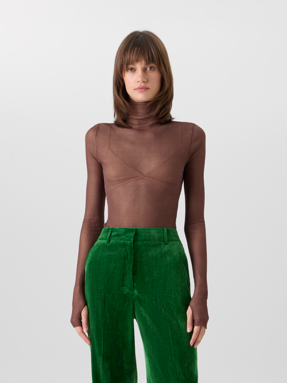 Designer Transparent Silk Fine Rib Sweater with Thumb Holes - brown 
