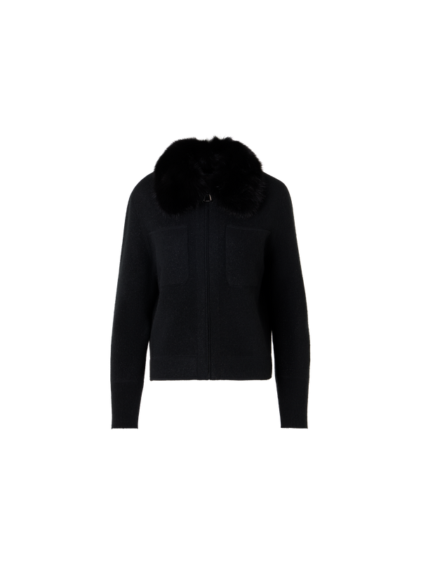 Designer Short Cashmere Lamé Cardigan with Detachable Sable Collar - black