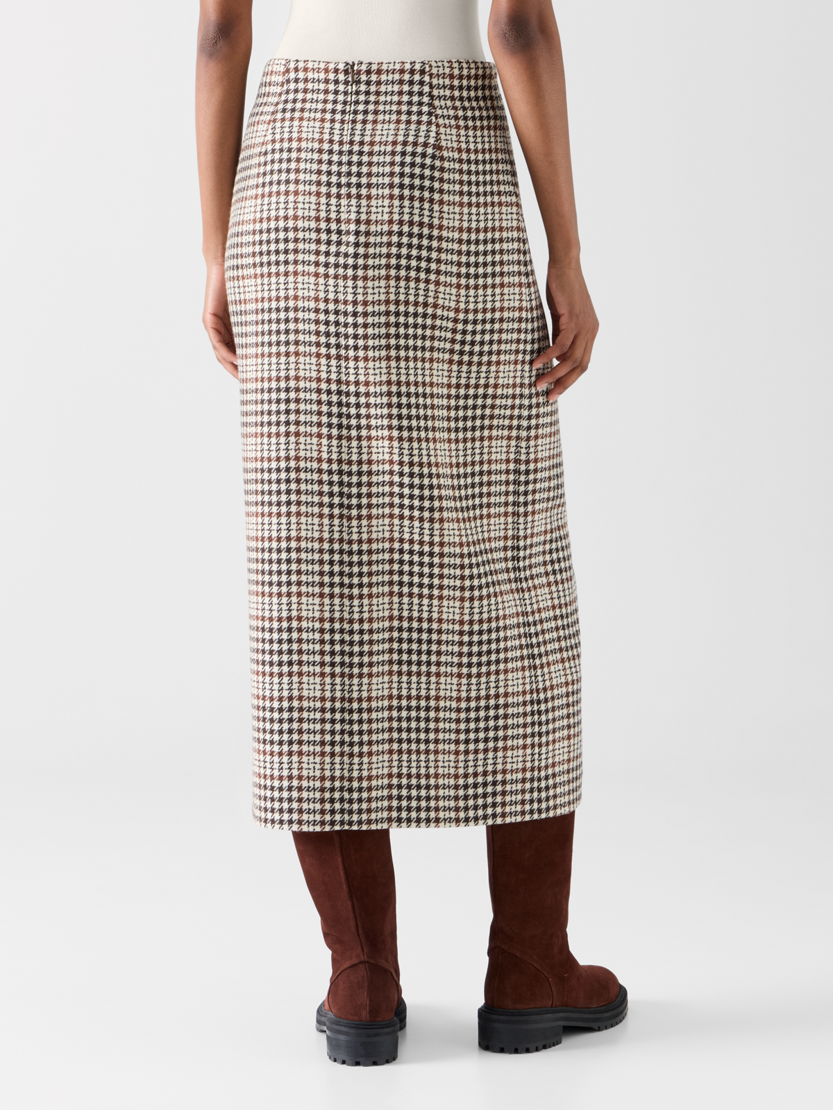 Designer Midi Wrap Skirt in Check Tweed - brown - ecru - multicolor 