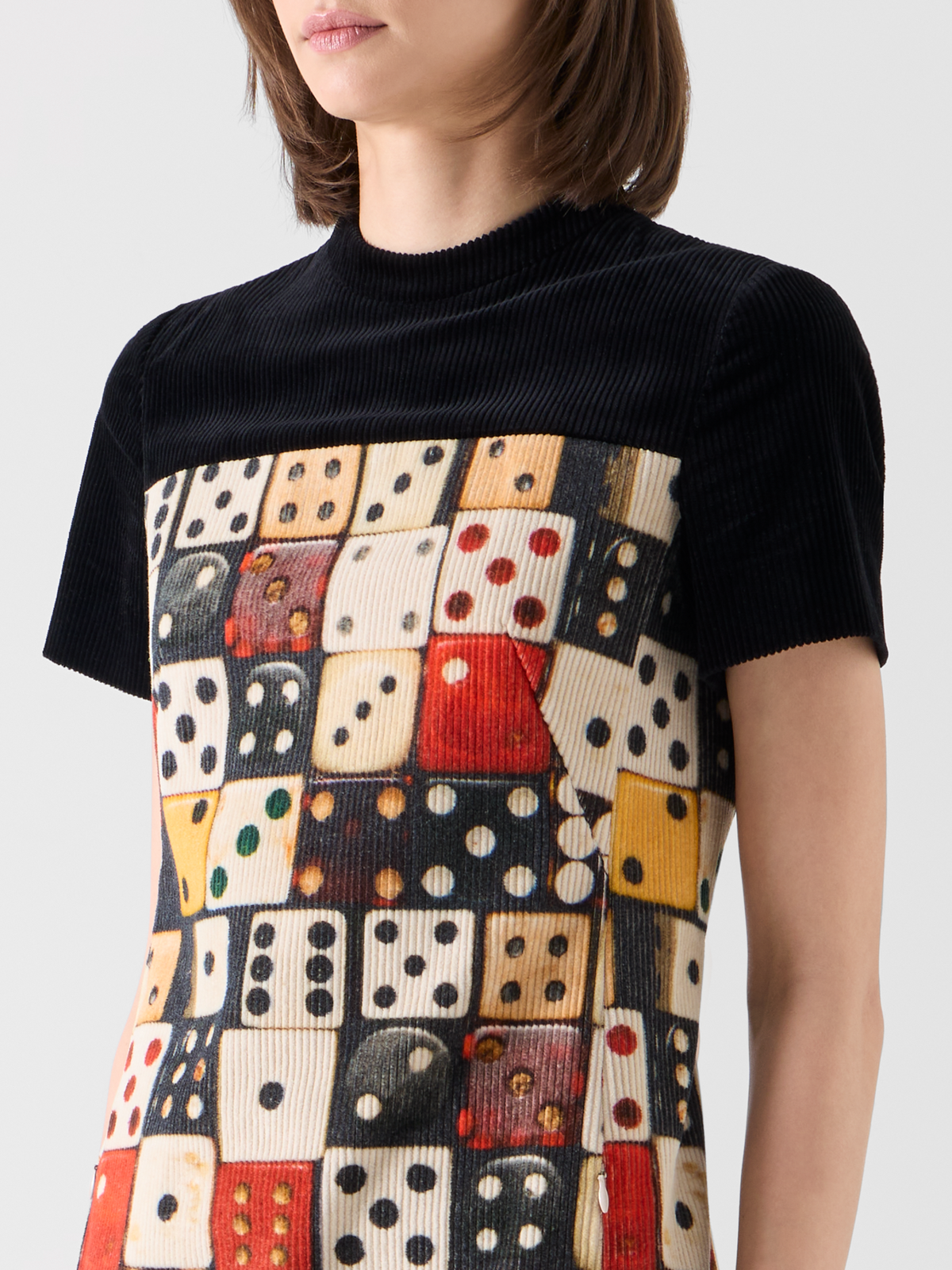 Designer Mini Dress in Cotton Corduroy with Dice Print - multicolor - black #editorial