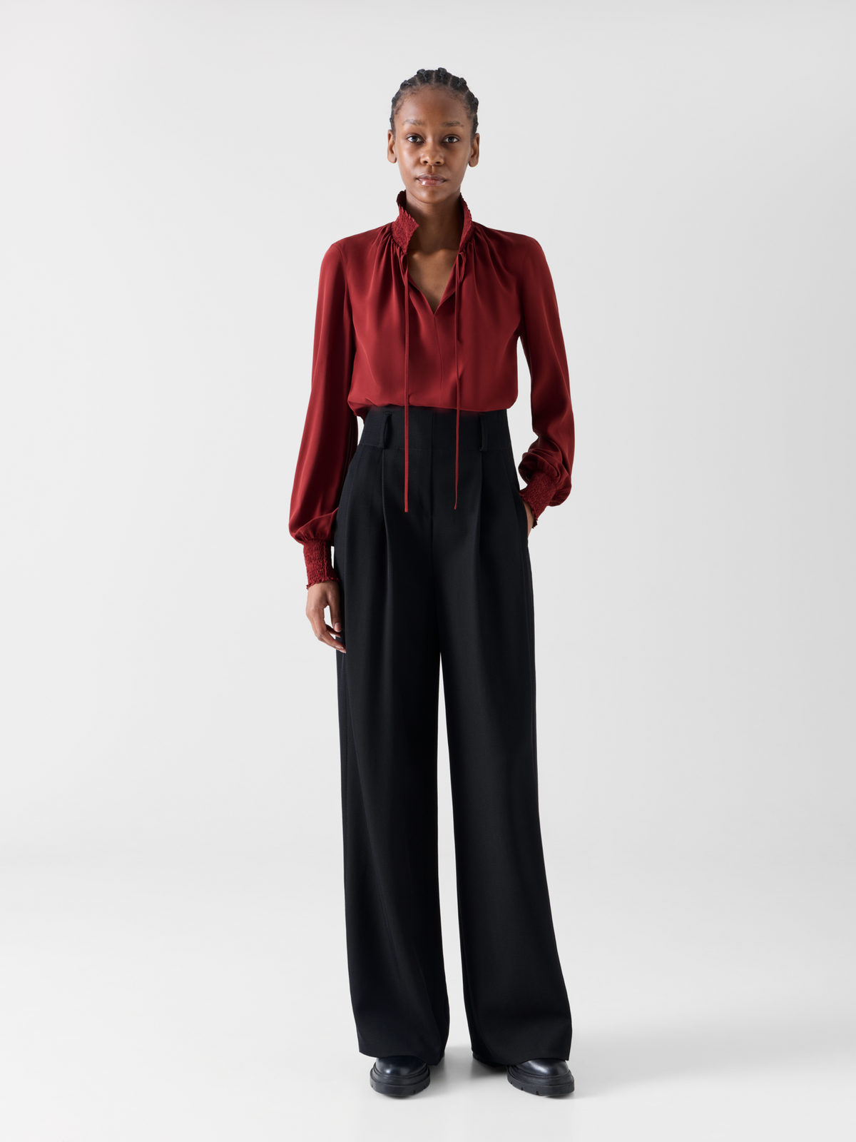 Designer Boho Silk Crêpe Blouse with Smocked Details - wine - red #editorial