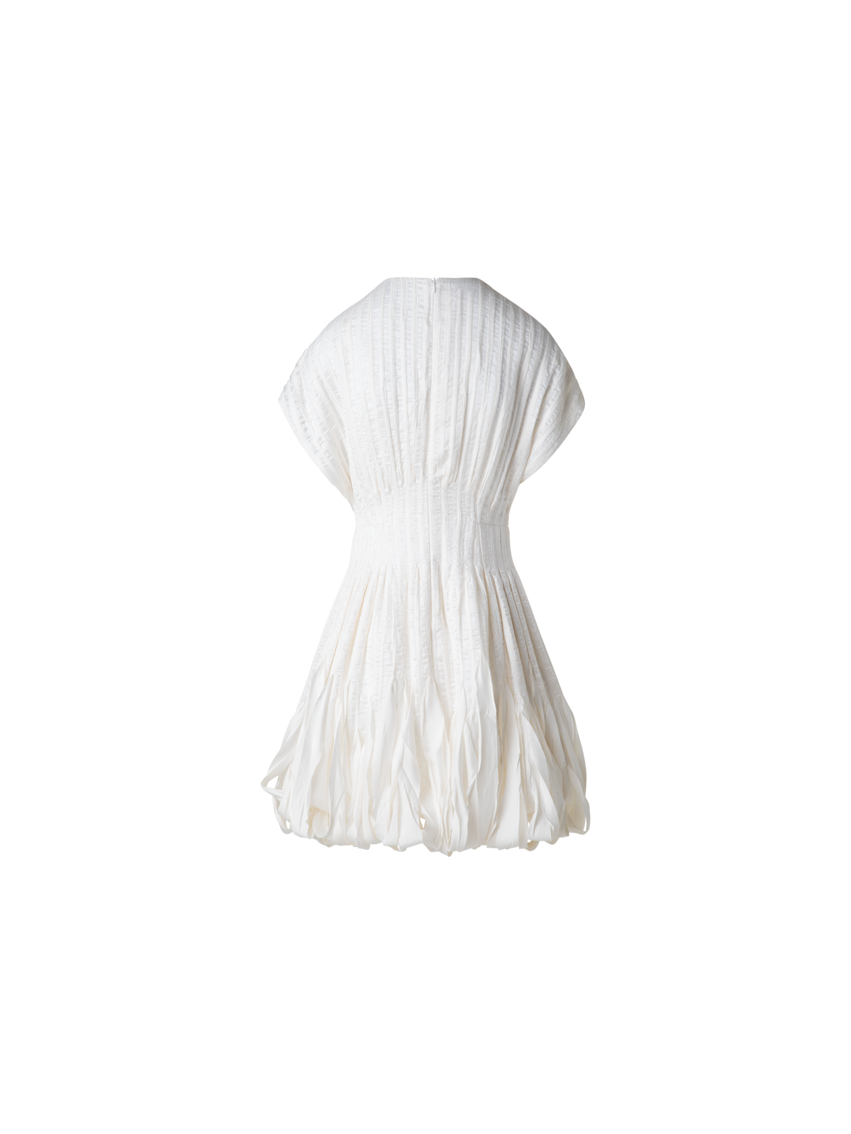 Designer Short Flared Silk Dress with Ribbon Loops Skirt - ecru - white