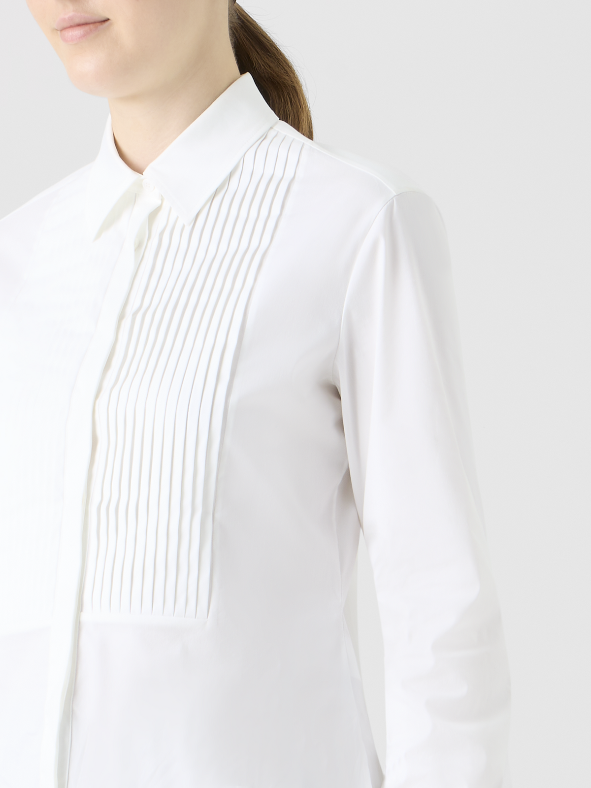 Designer Cotton Poplin Blouse with Pleated Plastron - white #editorial