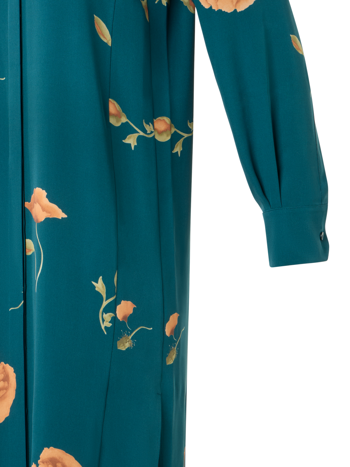 Designer Long Silk Tunic Dress with Anemone Print - green - multicolor