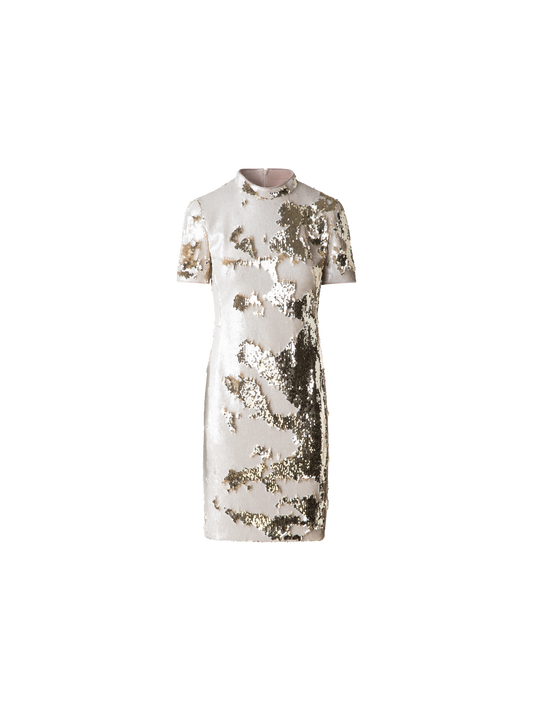 Designer Dual Sequined Sheath Dress with Short Sleeves - multicolor - beige - gold