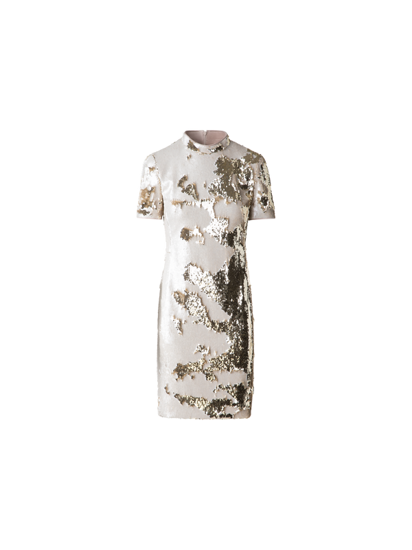 Designer Dual Sequined Sheath Dress with Short Sleeves - multicolor - beige - gold
