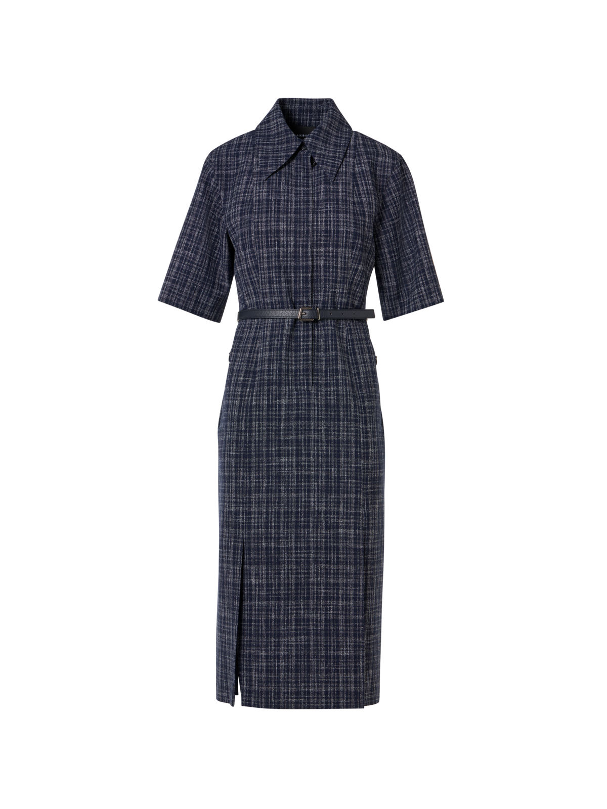 Designer Short-Sleeve Wool-Viscose Tweed Shirt Dress - blue