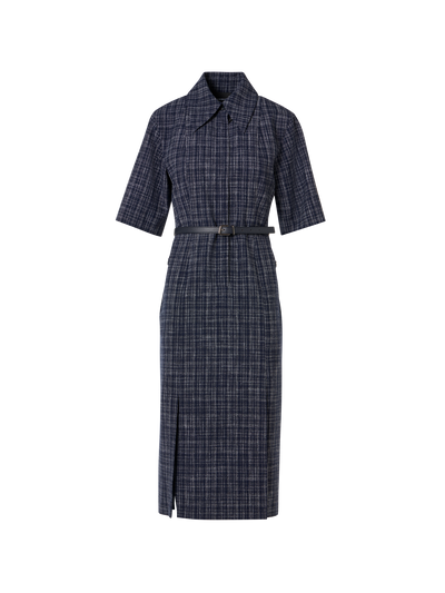 Designer Short-Sleeve Wool-Viscose Tweed Shirt Dress - blue