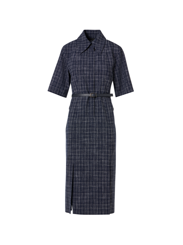 Designer Short-Sleeve Wool-Viscose Tweed Shirt Dress - blue