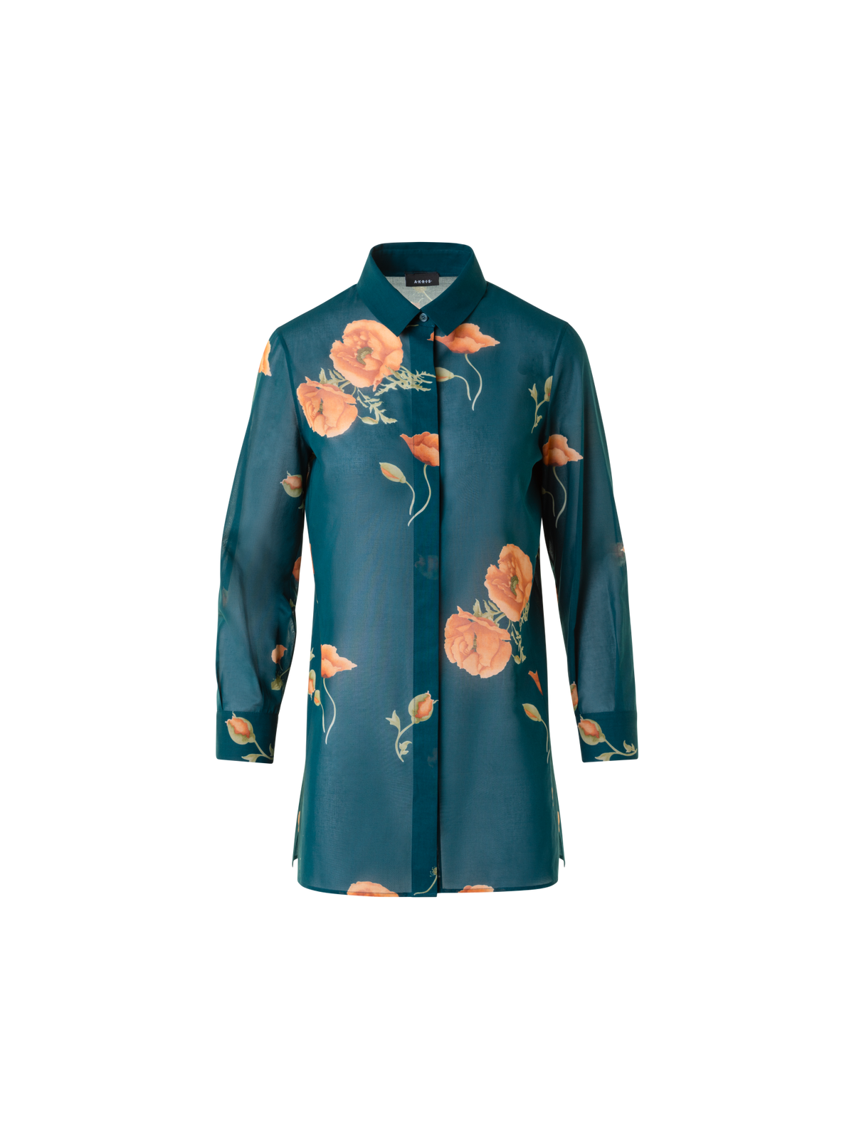 Designer Cotton Tunic Blouse with Anemone Print - green - multicolor