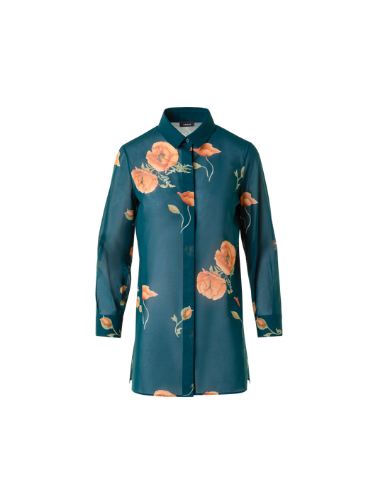 Designer Cotton Tunic Blouse with Anemone Print - green - multicolor