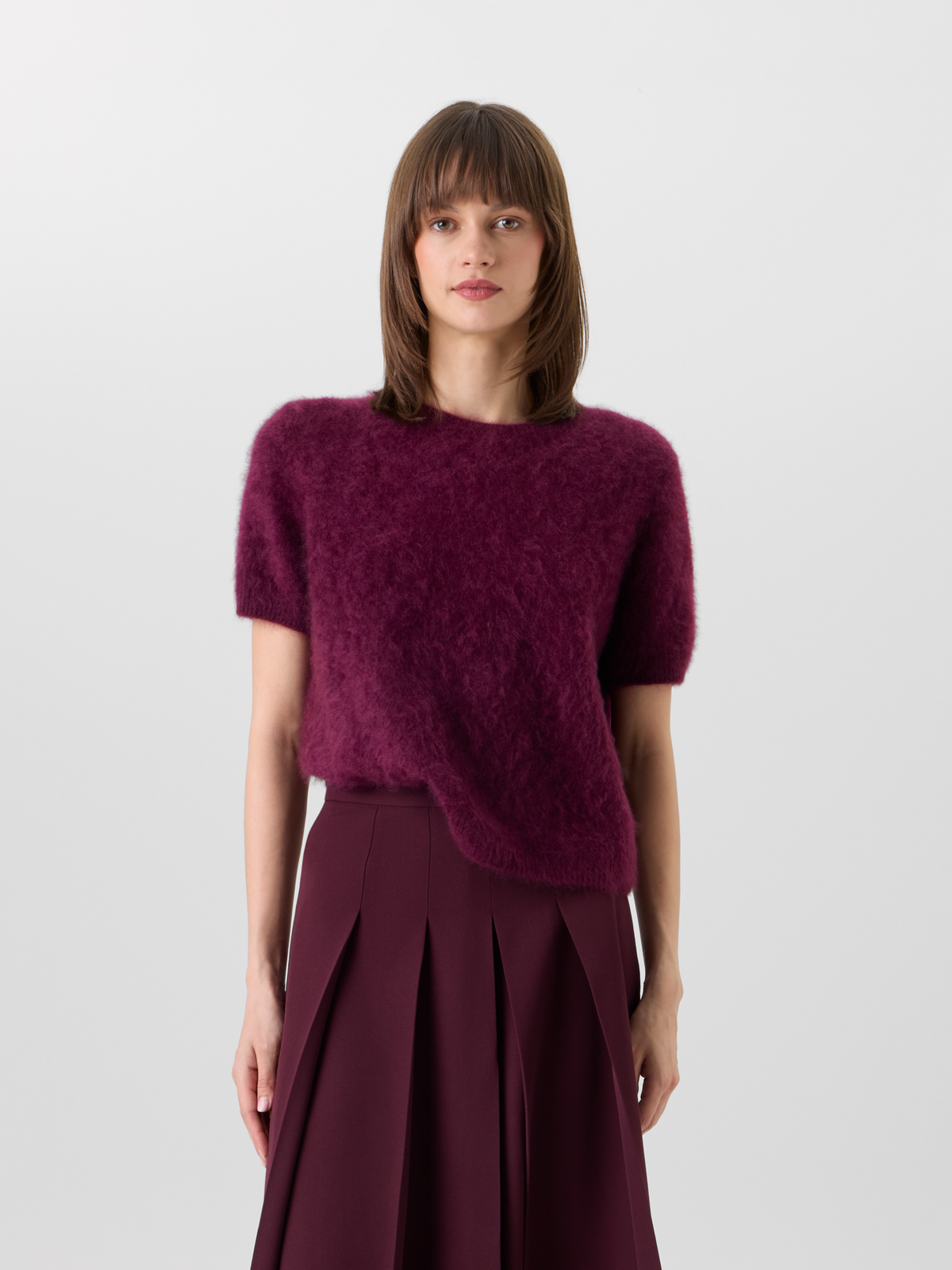 Designer Cloud Cashmere Knit Top with Short Sleeves - red - wine #editorial