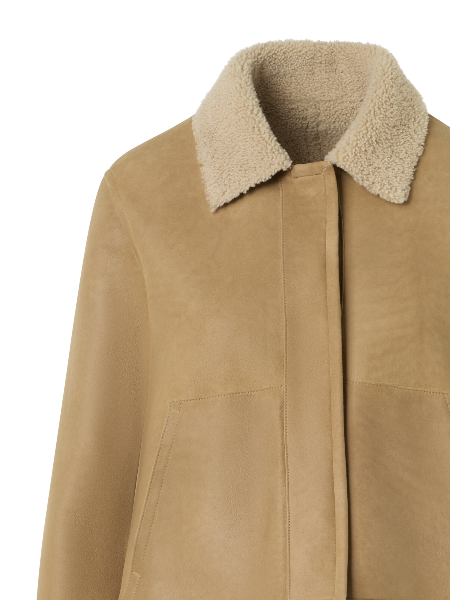 Designer Short Shearling Jacket with Fur Collar and Cuffs - beige