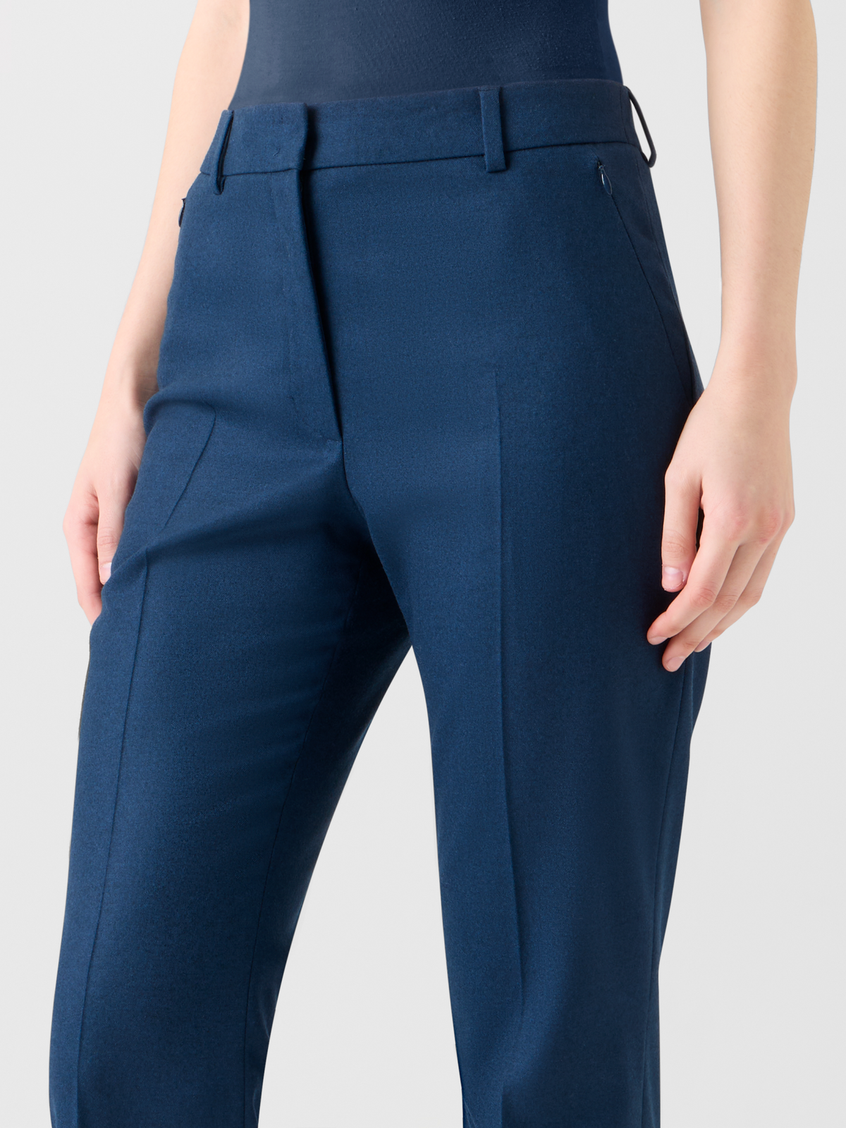 Designer Slight Bootcut Stretch Wool Flannel Pants - neutral - navy - blue #editorial