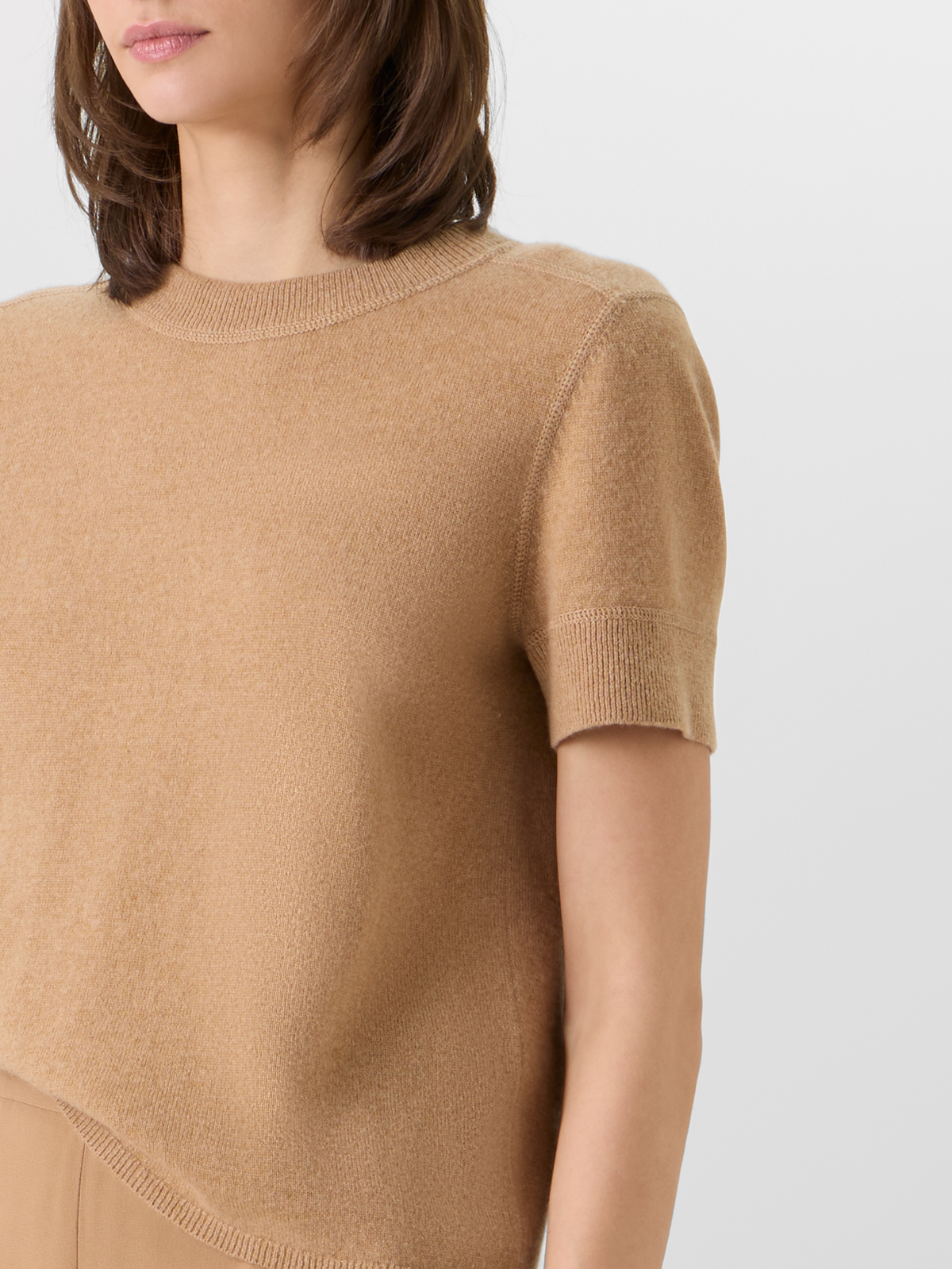 Designer Short-Sleeve Cashmere Knit Sweater - brown 