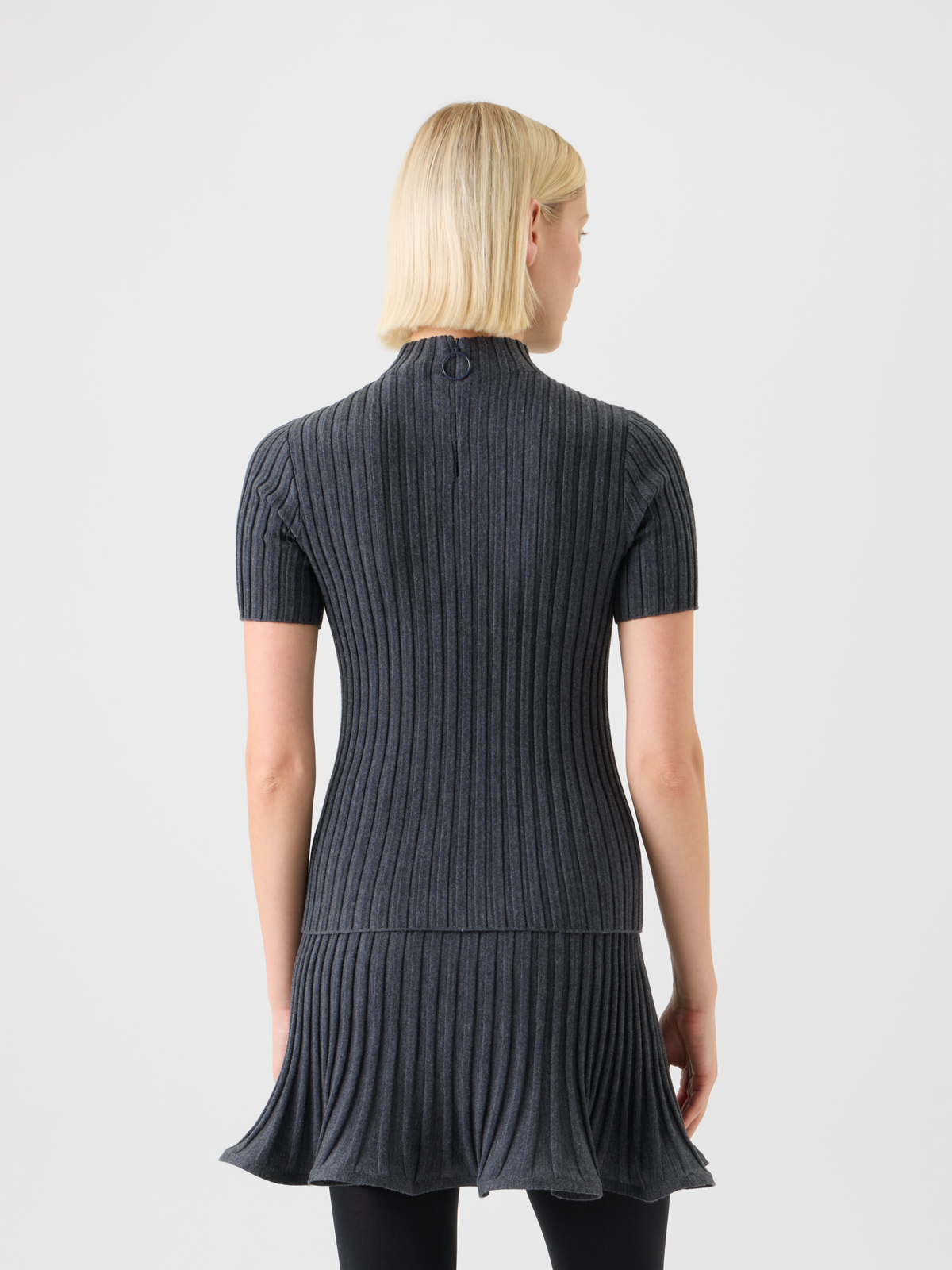 Designer Fitted Merino Wool Rib Mock Neck Knit Top - neutral - grey #editorial