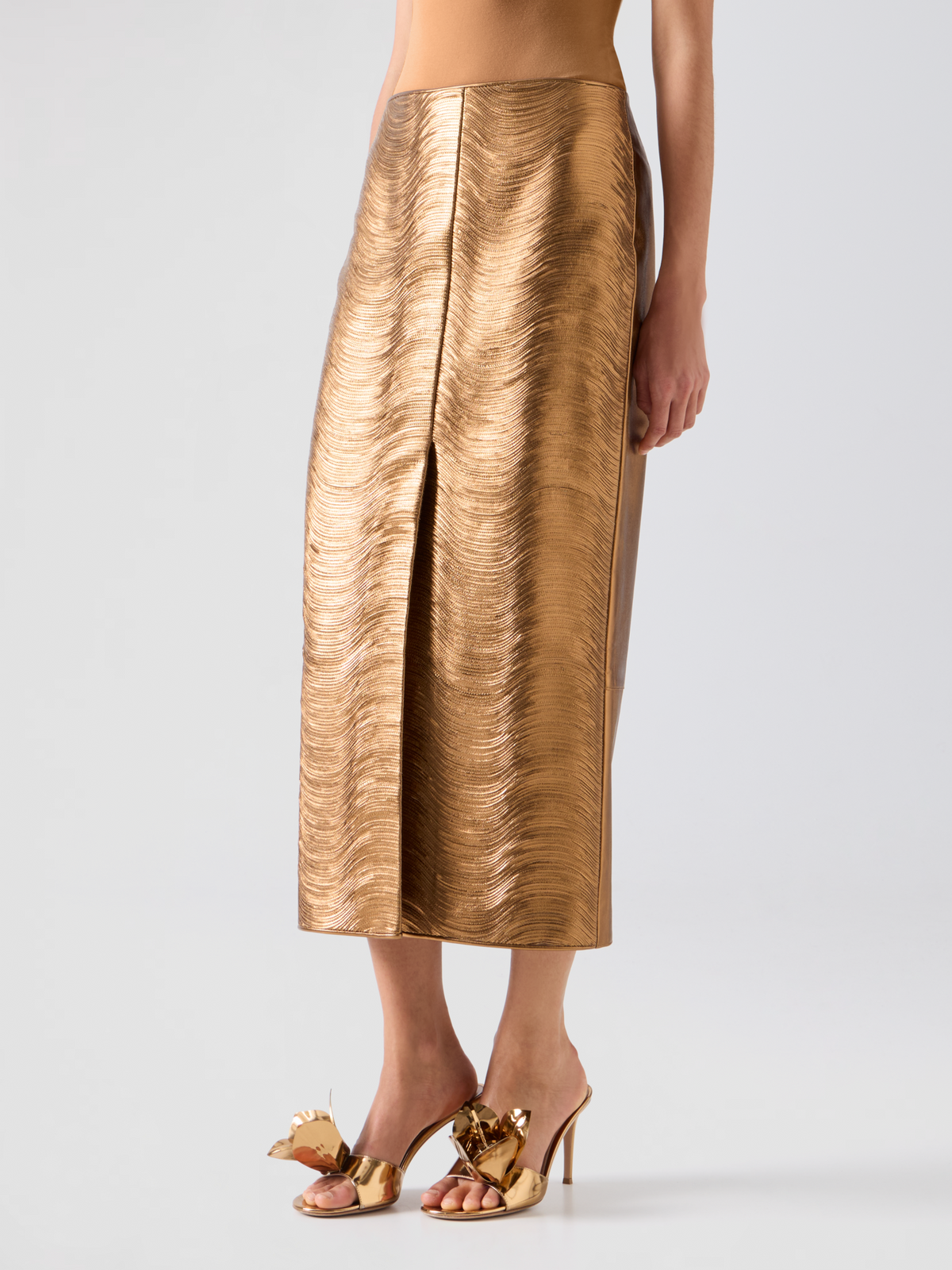 Designer Midi Pencil Skirt in Lamé Leather Stripe Embroidery - gold 