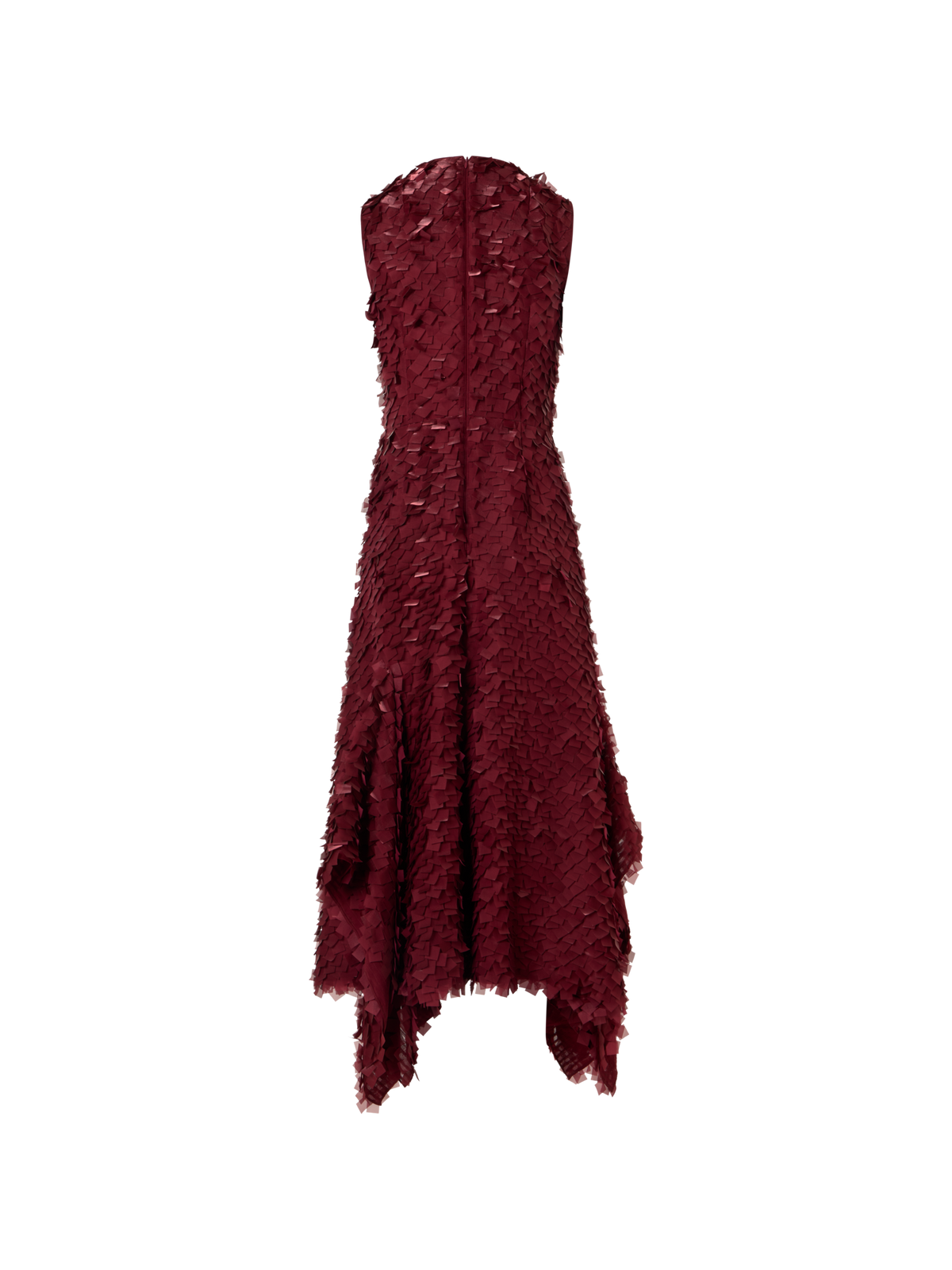 Designer Asymmetrical Midi Dress in Layered Organza Tiles - red