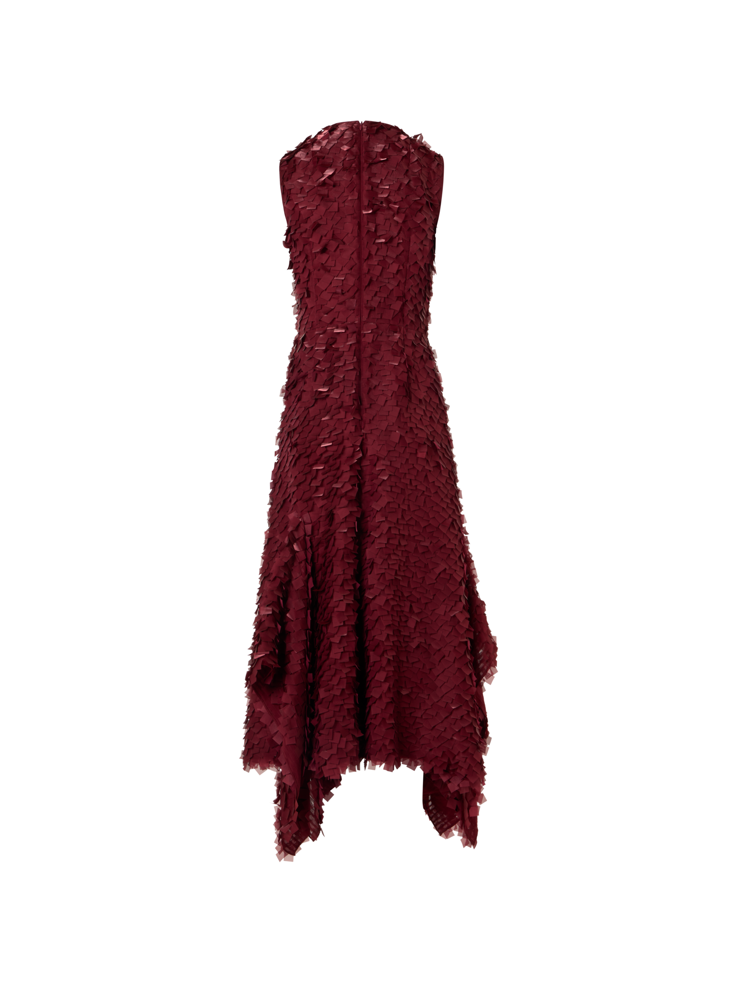 Designer Asymmetrical Midi Dress in Layered Organza Tiles - red