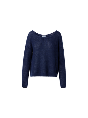 Designer Off-Shoulder Linen-Cotton V-Neck Knit Sweater - navy - blue