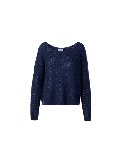 Designer Off-Shoulder Linen-Cotton V-Neck Knit Sweater - navy - blue