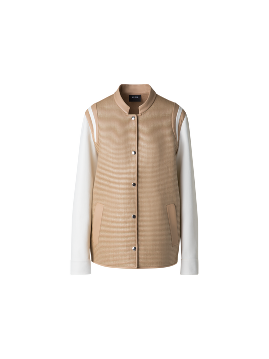 Designer Varsity Jacket in Cotton Raffia and Leather - neutral - multicolor - beige