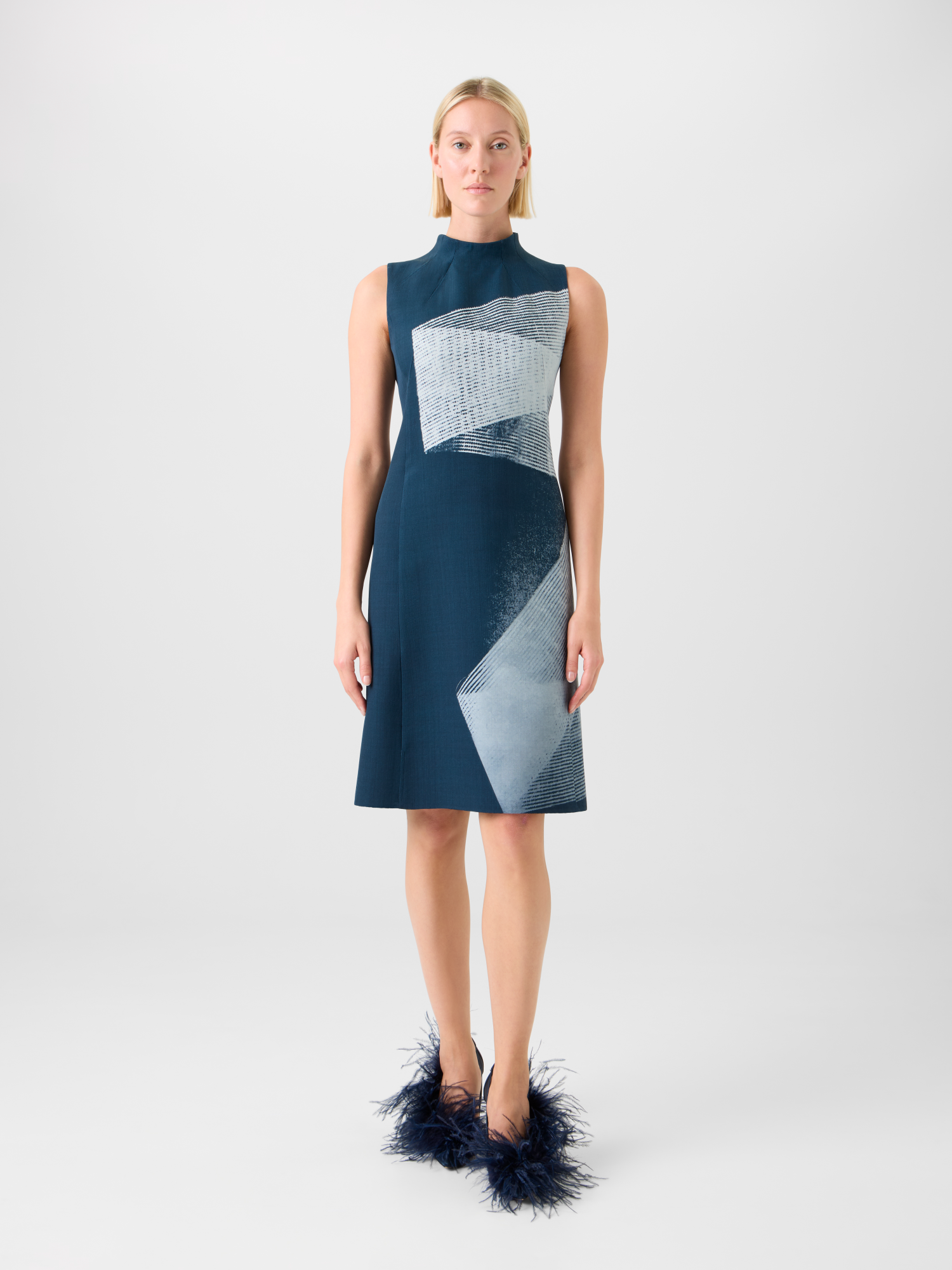 Designer Wool Double-Face Sheath Dress in Zigzag Print - neutral - navy - blue - multicolor 