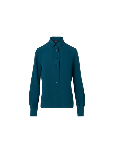 Designer Long-Sleeve Silk Crêpe Tunic Blouse - blue