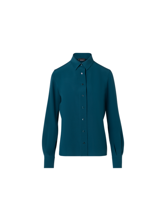Designer Long-Sleeve Silk Crêpe Tunic Blouse - blue