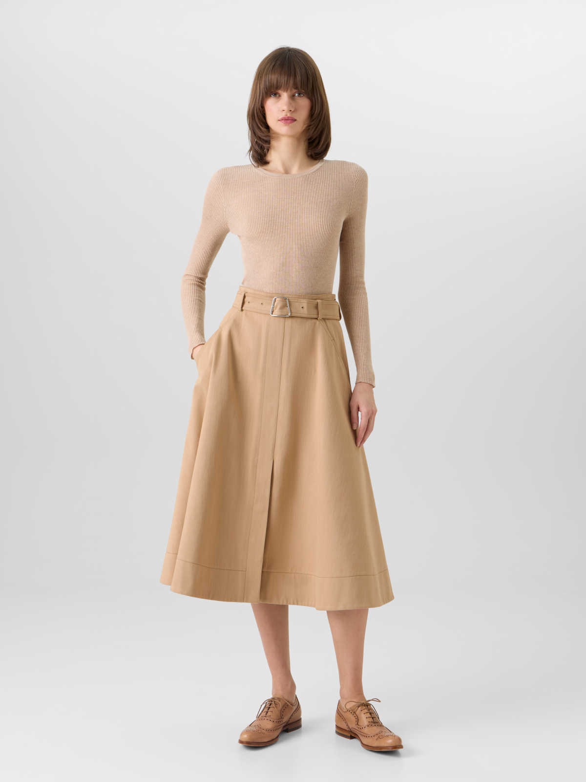 Designer Stretch-Cotton Denim Midi Skirt - beige #editorial