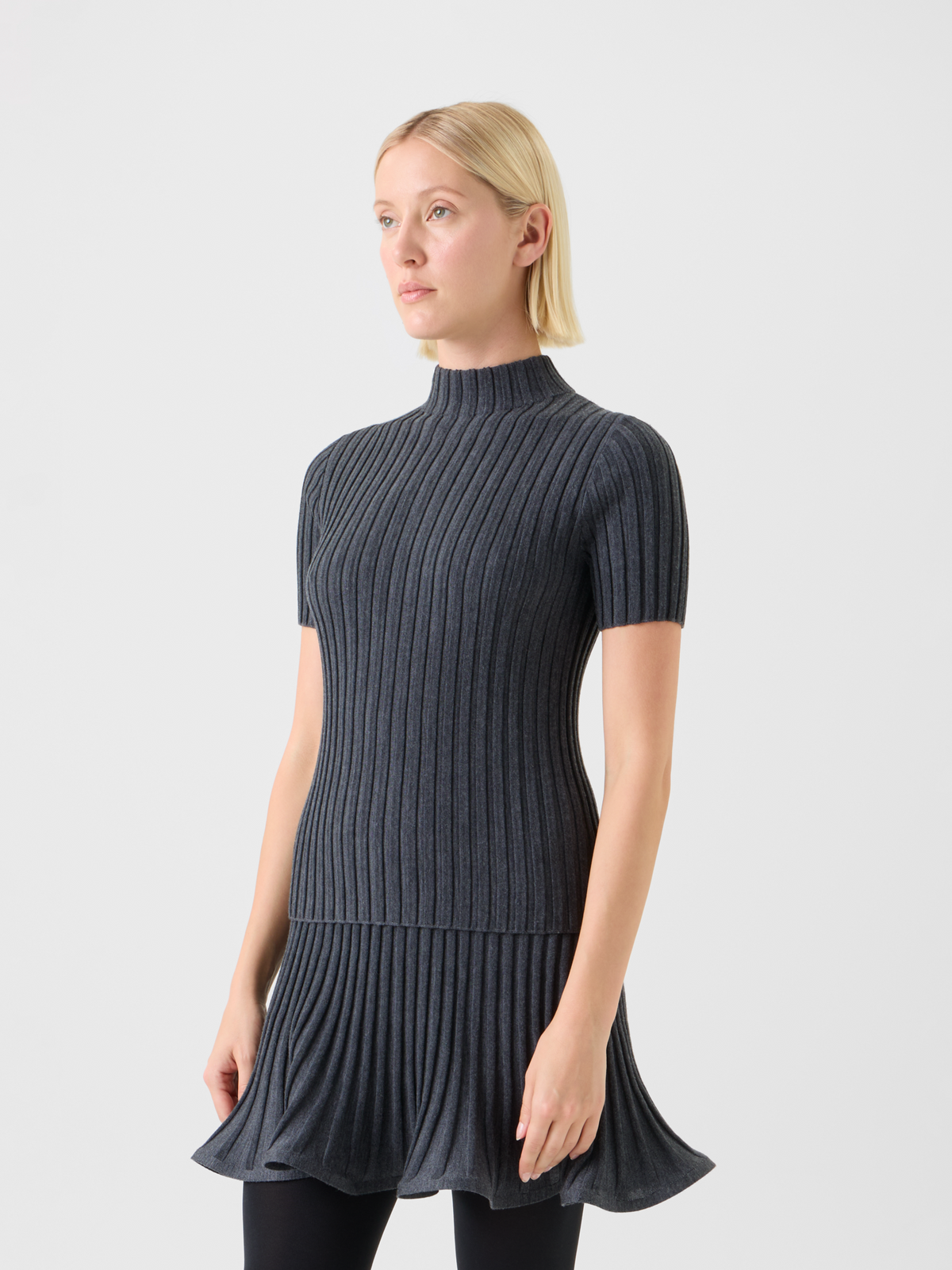 Designer Fitted Merino Wool Rib Mock Neck Knit Top - neutral - grey #editorial
