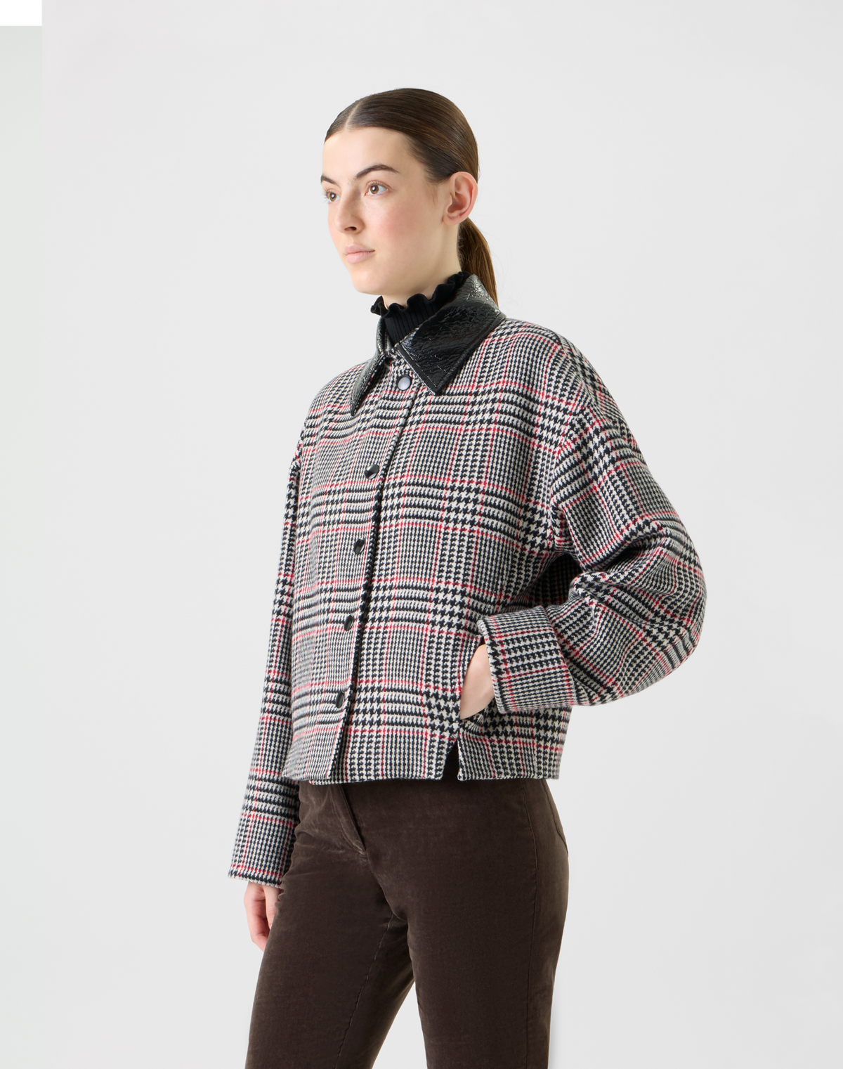 Designer Glencheck Tweed Jacket with Faux Leather Collar - black - multicolor #editorial