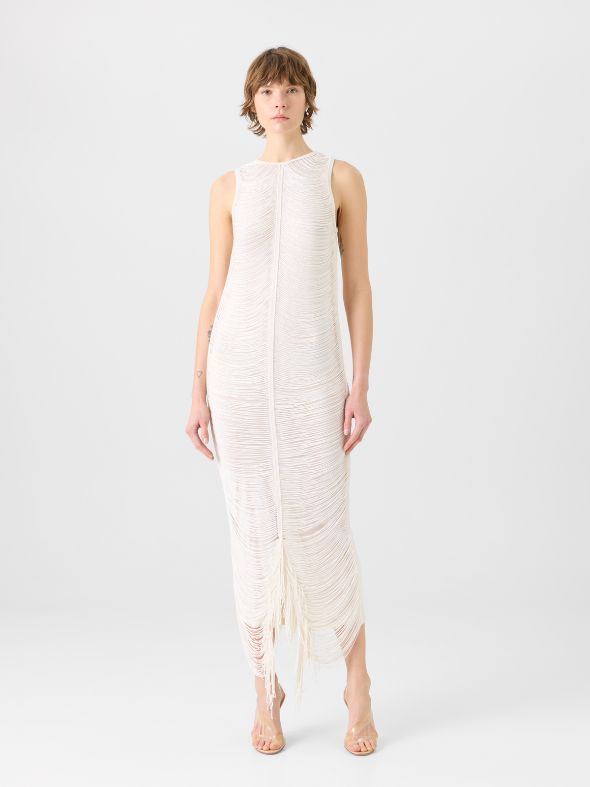 Designer Sleeveless Fringe Drape Maxi Knit Dress in Silk - ecru #editorial