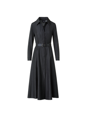Designer Belted Stretch Cotton Denim Midi Shirt Dress - neutral - grey